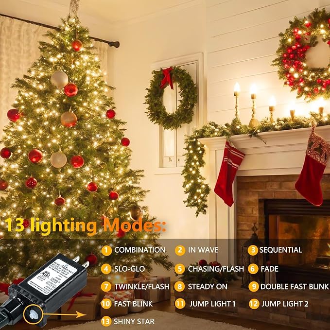 2 Pack 200 LED Connectable String Lights, Christmas Lights Outdoor Indoor | Warm White, 13 Modes, Timer, 66FT Clear Wire Waterproof Twinkle Fairy Lights Plug in for Bedroom Classroom Xmas Tree Decor