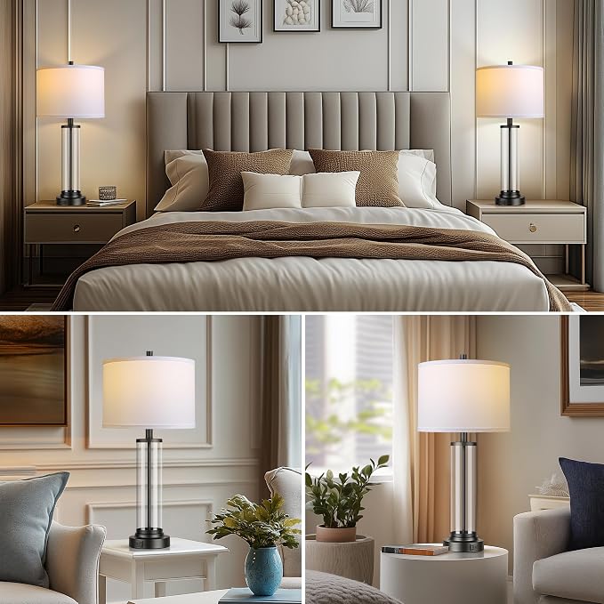Glass Table Lamps Set of 2, Modern Black Dimmable Beside Lamps for Bedroom | 2 Dimmable LED Bulbs, USB A+C Charging Ports, Modern Black Glass Lampshade, Seamless Dimming Touch Control