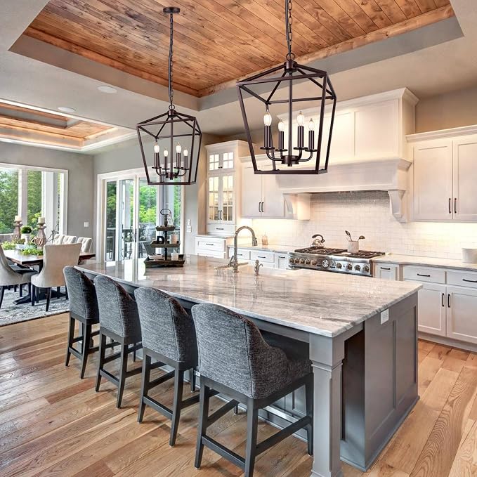 Oil-Rubbed Bronze Rustic Chandelier, Foyer Lighting Fixture for Dining Room | Industrial Kitchen Lantern chandelier Over Table, Pendant Island Ceiling Light for Entryway, Metal Cage Adjustable Height