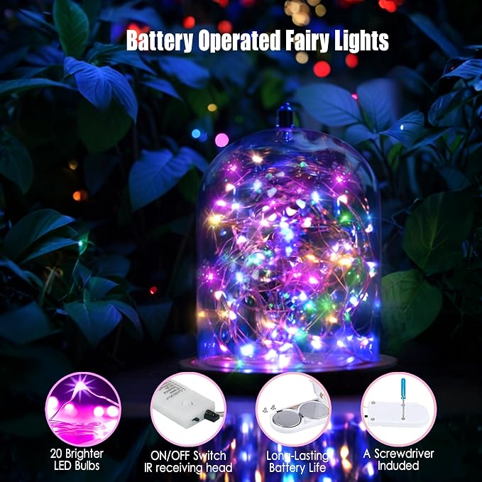 6 Pack Fairy Lights Battery Operated,Timer,2 Remotes,6.5ft 20LED Multicolor | LED Twinkle String Lights,Waterproof Silver Wire Firefly Lights, DIY Mason Jar Wedding Party Christmas Centerpiece Table Déco