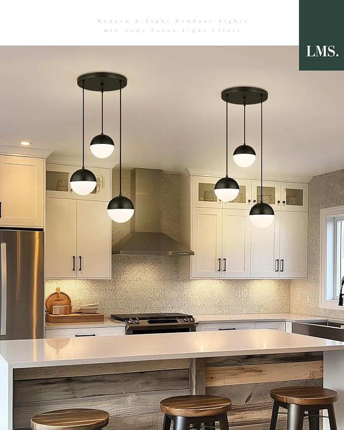 Mid Century 3-Light Cluster Pendant Lights, Matte Black Kitchen Island Light Fixtures with White Globe Glass Shade, Adjustable Hanging Light for Home Office Bathroom Dining Room, LMS-186BK3