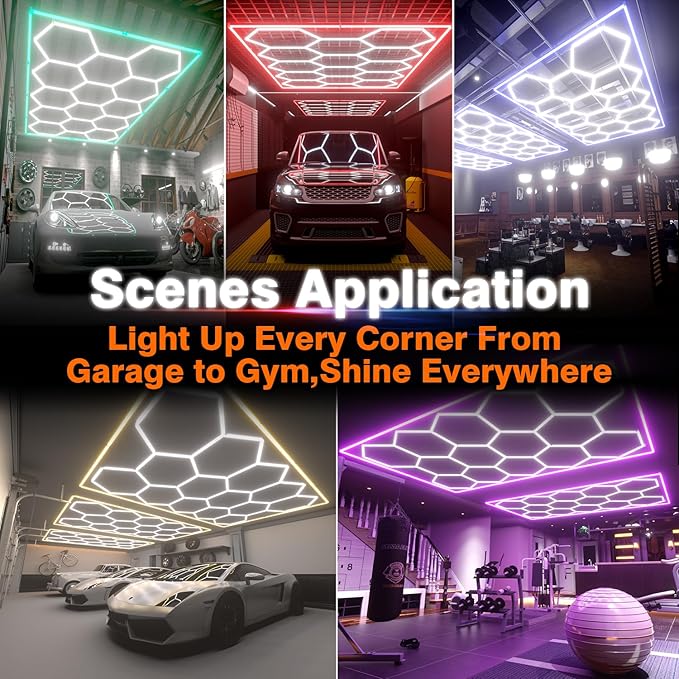 Hexagon Garage Lights, 14 Grids Hexagon LED Lights with Rectangle Frame, 603W 6500K Super Bright Honeycomb Light for Warehouse, Car Detailing Shop, Exhibition Hall, Gym(Orange)