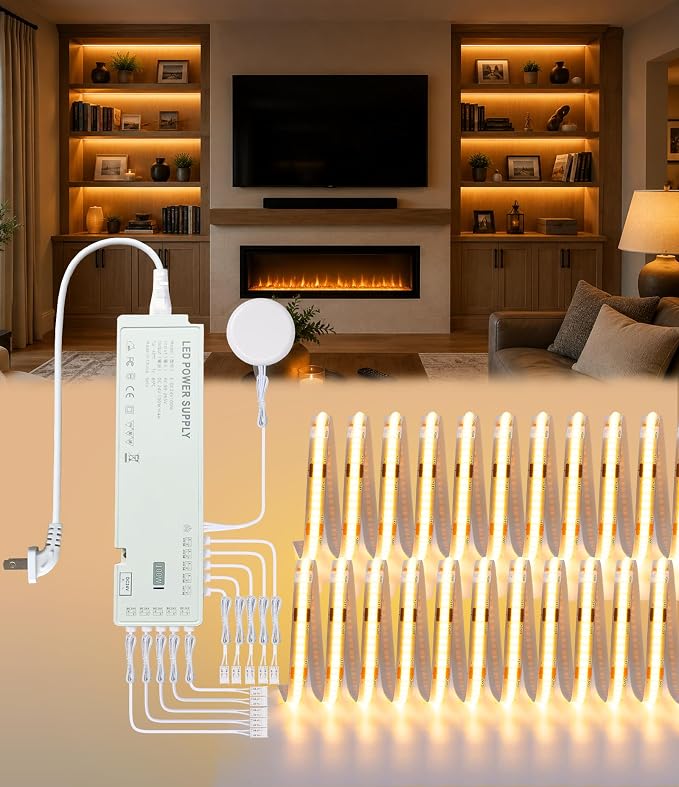 JUSJUBR Shelf Lighting, 32.8ft 24V Dimmable Cuttable COB LED Strip Lights, Warm White 3000K, LED Lights for Shelves, Cabinets, Bookshelves, Display Cases, Closets, Wall Panels and Kitchens