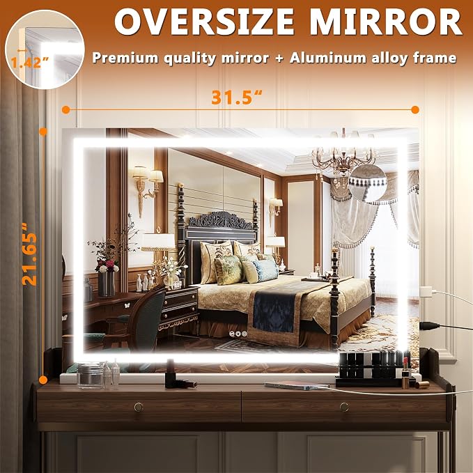Hasipu Vanity Mirror with Lights, 32" x 22.4" LED Makeup Mirror, Lighted Makeup Mirror with Dimmable 3 Modes
