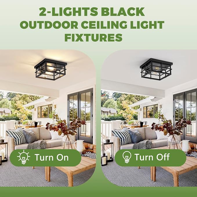 Asnxcju 2-Light Black Flush Mount Ceiling Light, Farmhouse Kitchen Lighting Fixtures with Clear Glass, Outdoor Porch Lights Ceiling Mount, Square Hallway Light Fixtures for Bedroom Living Room Balcony
