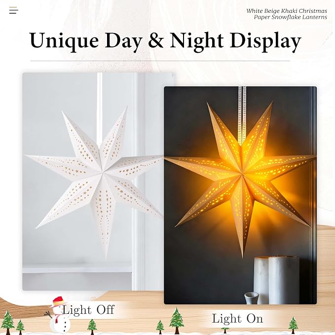 Large Paper Star Lanterns with Lights, 3D 7 Pointed Christmas Paper Lanterns, 3Pcs Foldable Decorative Christmas Hanging Decorations for Xmas Wedding New Year Party Home Decor Indoor, 24/18 Inch