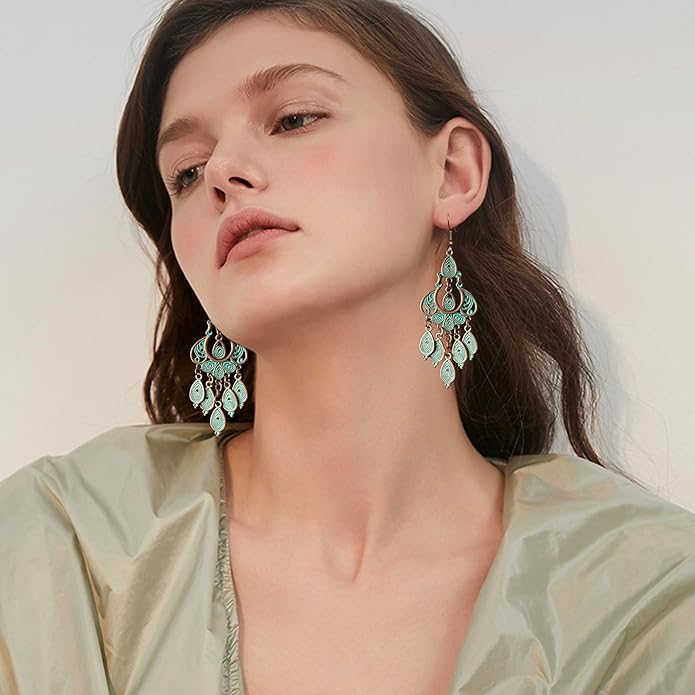 Unique Bohemian Vintage Bronze Chandelier Teardrop Flower Geometry Dangle Drop Earrings For Women