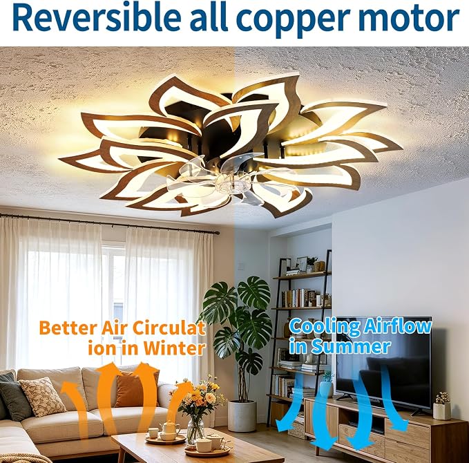 Dalouguan 35" Wood Modern Ceiling Fan with Lights Remote Control, 6 Speeds 3 Light Color Low Profile Flush Mount Ceiling Fan for Kitchen Bedroom Living Room