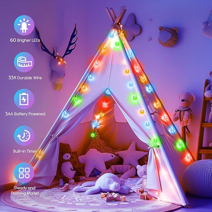Minetom 33ft Crystal Globe String Lights Battery Operated, Multicolor | 60 LED Globe Fairy Lights with Remote and 8 Modes, Lovely for Bedroom Tent Loft Camping Porch Patio Party Decor