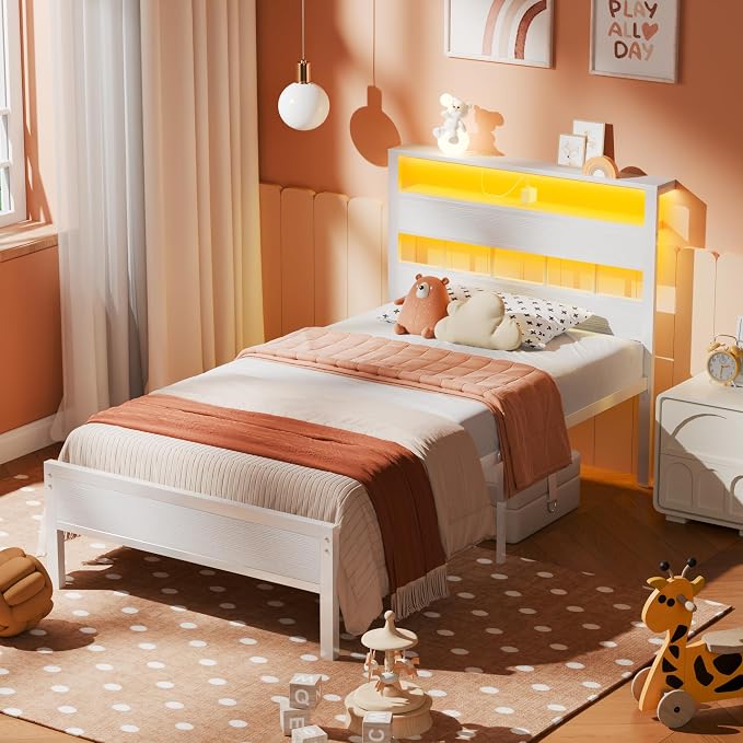 Twin Bed Frames with Storage Headboard, Charger & RGB LED, White | 2-Tier Shelves, Sturdy Metal Slats, Noise-Free, No Box Spring. USB & Type-C Ports, 700lbs Capacity. 12.6" Under-Bed Storage.