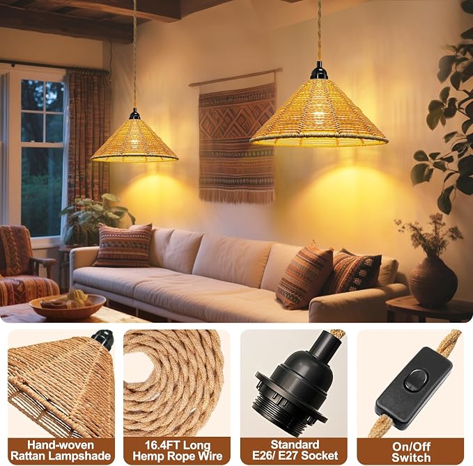 Maliralt Hanging Lamps Rattan Pendant Light - 16.4ft Plug in Cord Hanging Light Fixture Plug Into Wall Outlet Pendant Lighting with On Off Switch for Bedroom Living (Industrial Shade)