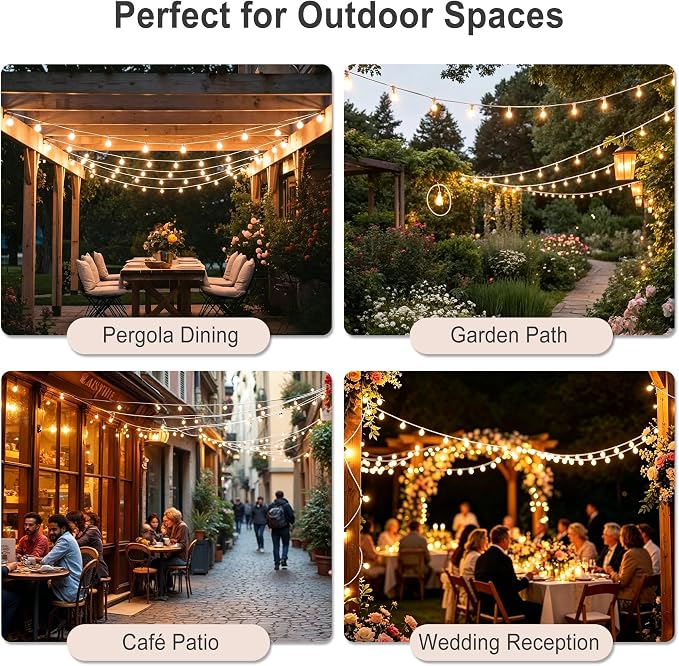 Outdoor-String-Lights with Remote 30FT Waterproof lights for Outside Patio | 12 inch Spacing,White Cord String Lights,Connectable Dimmable Patio Lights with Remote,Timer,3 Modes for Backyard, Bistro