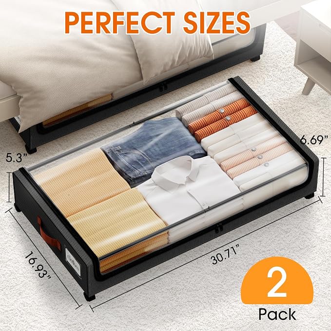 Under Bed Storage with Wheels 2Pack Storage Containers with Clear Window | Under Bed Drawers Rolling Under Bed Storage for Clothes,Shoes, Blankets (30.71 x 16.93 x 6.69 in, Black)