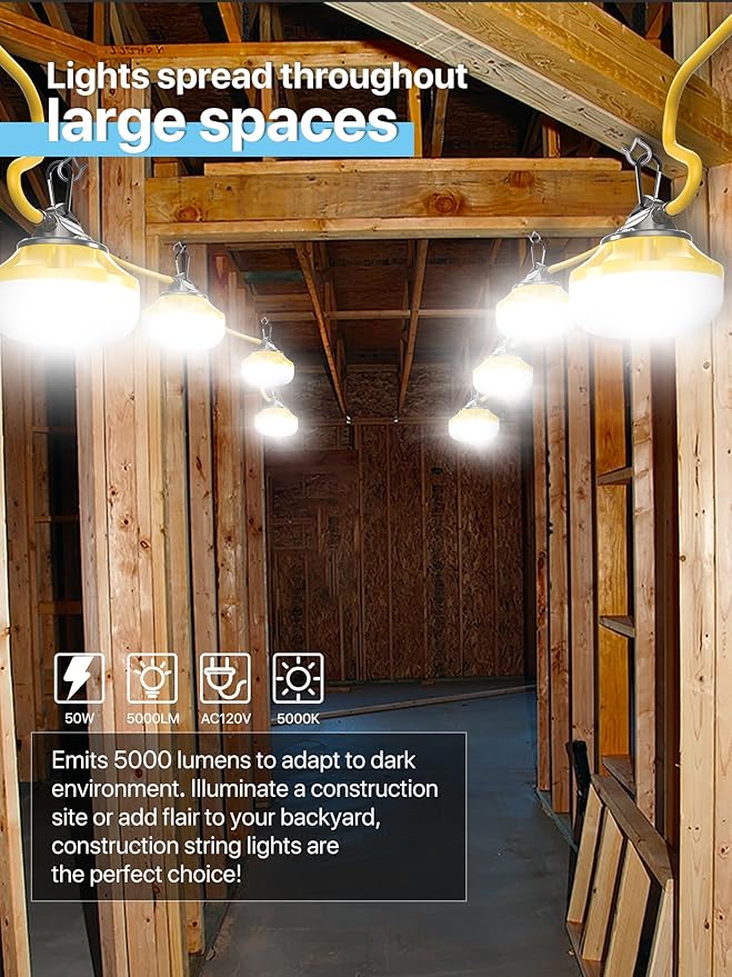 HYPERLITE Construction String Lights: 50FT 5 Bulbs Work Lights with 3 Prong - IP65 Waterproof Linkable LED Industrial Temporary Lighting for Construction Sites Attic Crawlspace Renovation