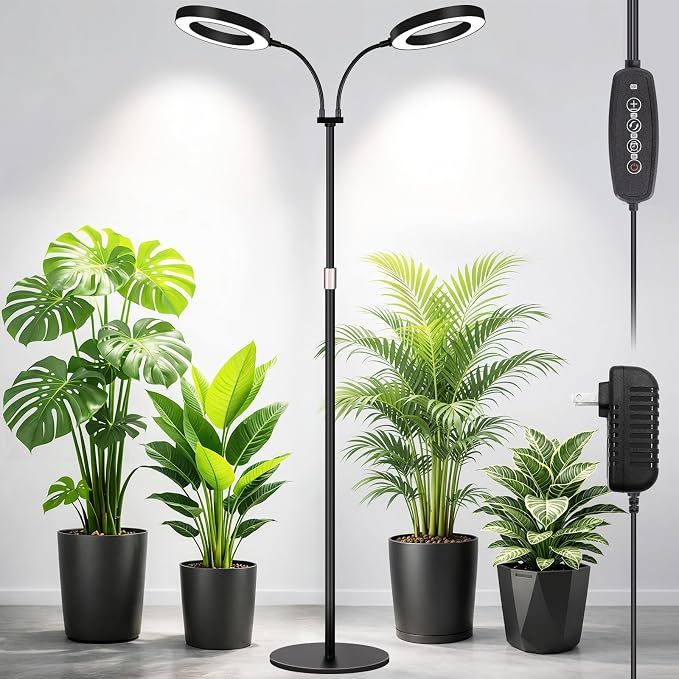 LBW Dual Head Grow Light with Stand for Indoor Plants, Full Spectrum Grow Light for Tall Plants, Adjustable Height up to 68", Auto Cycle Timer 6/8/12/16H, 5-Level Dimmable, 3 Lighting Modes, Black