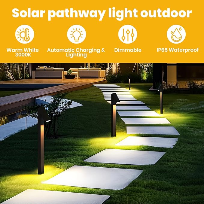 Solar Walkway Light, Dimmable Metal Solar Pathway Light Outdoor IP65 Waterproof, 3000K 500LM Solars Yard Lights for Yard Garden Patio Landscape Lawn