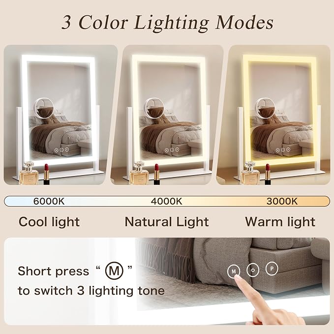 Acoolda Vanity Mirror with Lights,16.9"x 14" Lighted Makeup Mirror, Makeup Mirror with Lights,Three Color Lighting Modes, and 10X Magnification Mirror, Smart Touch Control, 360°Rotation White