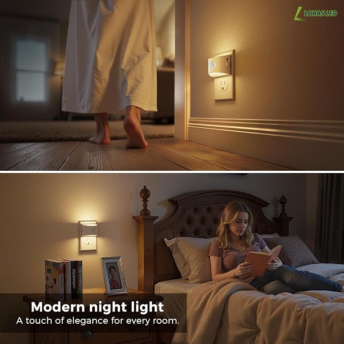 L LOHAS LED Motion Sensor Night Light, Night Lights Plug into Wall, 2 Pack | Nightlight with Dusk to Dawn & Motion Detection Sensor, 30-100Lm Adjustable Brightness, 3000K Warm White, White Housing