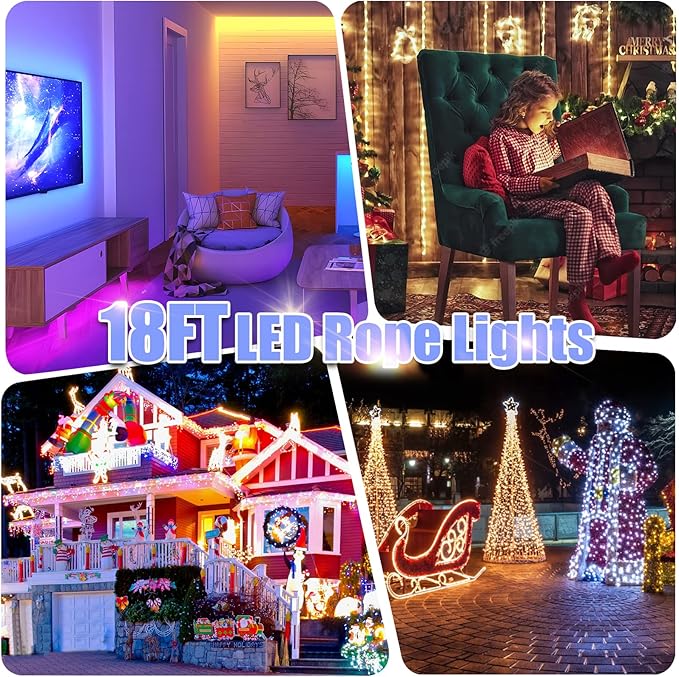 Vigdur Color Changing Rope Lights - 18FT Led Rope Lights Outdoor Waterproof with Remote Connectable 7 Colors & 7 Modes Decorative Christmas Lights for Xmas Bedroom Party Holiday Decoration