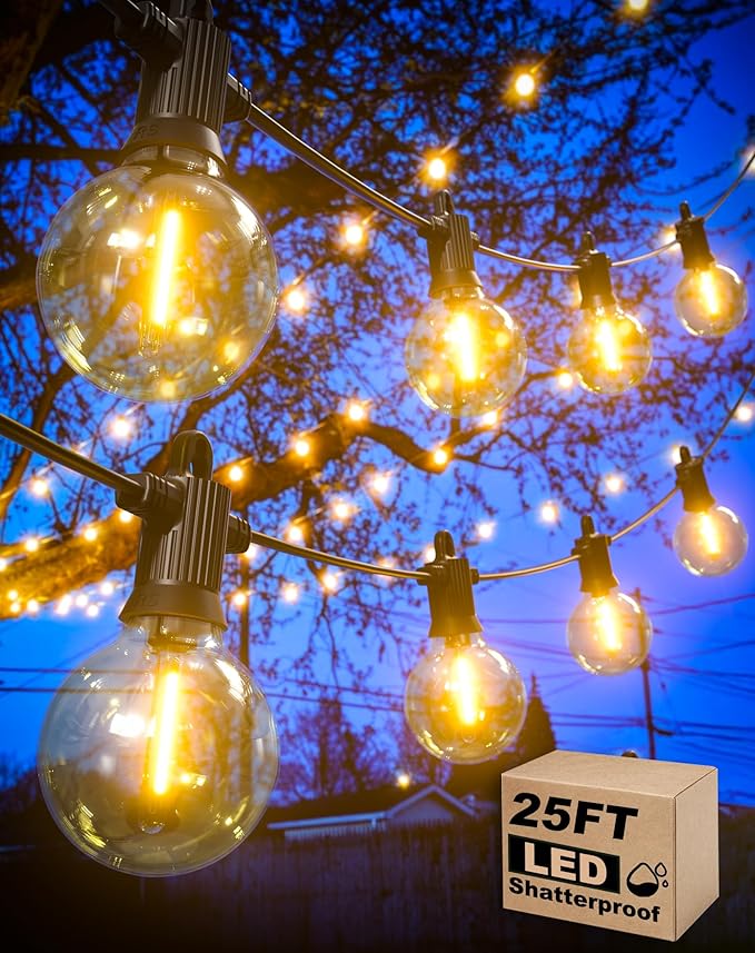 Zuske Outdoor String Lights, 25FT Patio Lights with 13 Shatterproof G40 Globe Bulb(1 Spare), Waterproof Connectable Dimmable LED Hanging Lights for Outside Backyard Porch Balcony Gazebo, 2700K