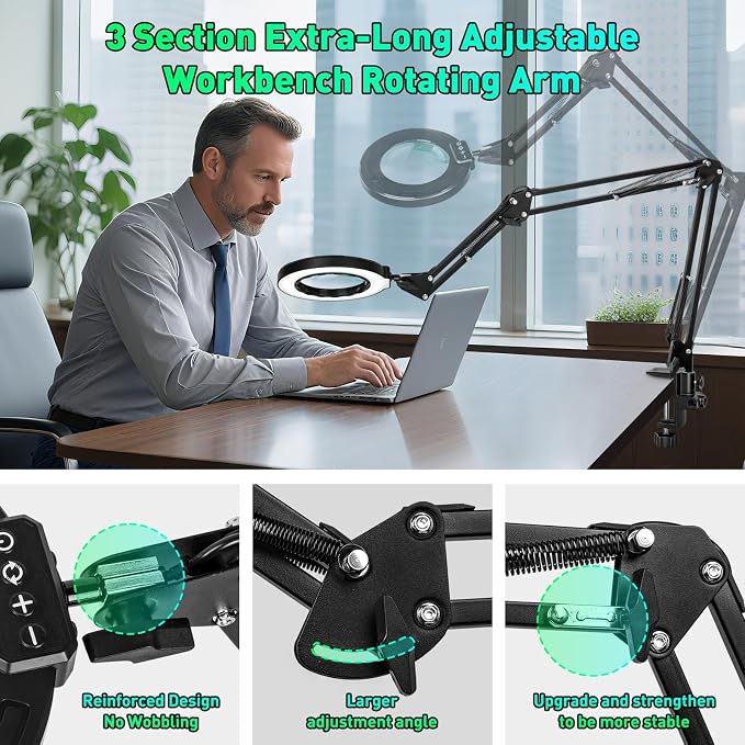 12X Magnifying Glass with Light and Stand, Soldering Helping Hands | 3-Section Swing Arm Workbench Lighted Magnifier, 5 Color Stepless Dimming, LED Desk Lamp with Clamp for Craft Repair Reading