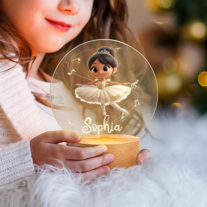 Personalized Ballet Night Light - Custom Name, Cute Acrylic Ballerina LED Light Lamp with Wooden Base for Bedroom Decor, Gifts for Kids Girls