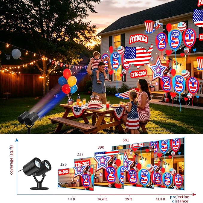 Independence Day Projector Lights Outdoor 4th of July Decorations Lights Projector with American Flag Patterns Waterproof Patriotic Projection Light for 250th Anniversary for Garden Party Decor
