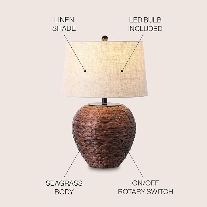 JONATHAN Y Alaro Table Lamp Woven Water Hyacinth Basket 24.5", Dark Brown | Farmhouse Coastal Decor, Beige Linen Drum Shade, Metal Frame, LED Bulb Included, Rotary Switch, UL Listed