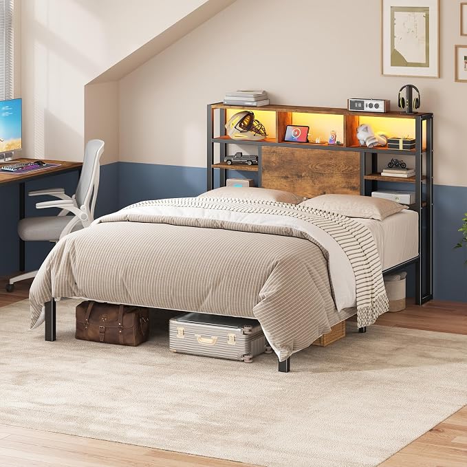 Homkdom Full Bed Frame with Storage Headboard and Charging Station,Brown | LED Lights，12.2" Under-Bed Storage，Supports up to 1100 LBS，No Box Spring Needed，Easy Assembly