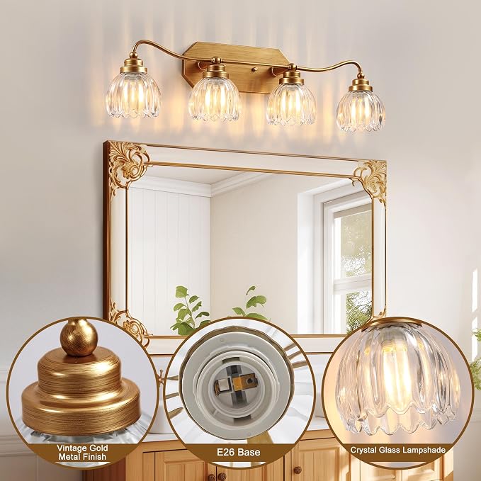 4 Light Gold Vintage Vanity Lights, Antique Brass Finish | Clear Tulip Crystal Shades,Brushed Gold Bathroom Light Fixtures, Wall Sconce Ideal for Bedroom, Hallway, Easy to Install