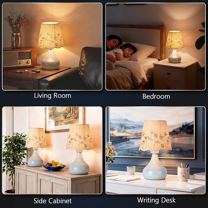 Ziqqeelam Blue Small Bedside Cute Table Lamp for Bedroom, Table Lamps for Nightstand, Scalloped Rattan Shade Table Lamps for Small Spaces for Bedroom, Home Office, Living Room