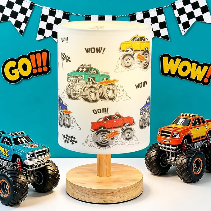 Construction Truck Table Lamp for Kids Bedside Lamp with Linen Wooden Nightstand Cartoon Nursery Lampshade for Bedroom Desk Birthday