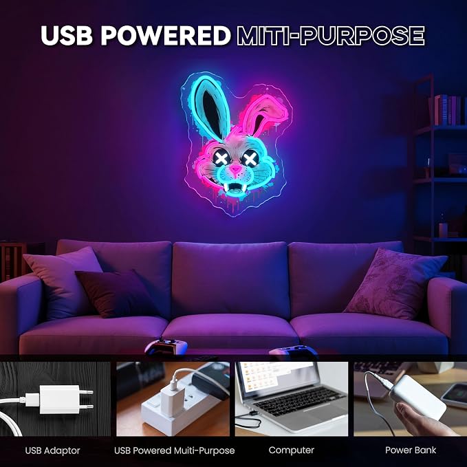 Bunny Neon Sign, Rabbit Neon Signs for Wall Decor, Dimmable Acrylic Neon Lights for Room Bedroom Game Room Club Bar Party Decorations, Perfect Gifts