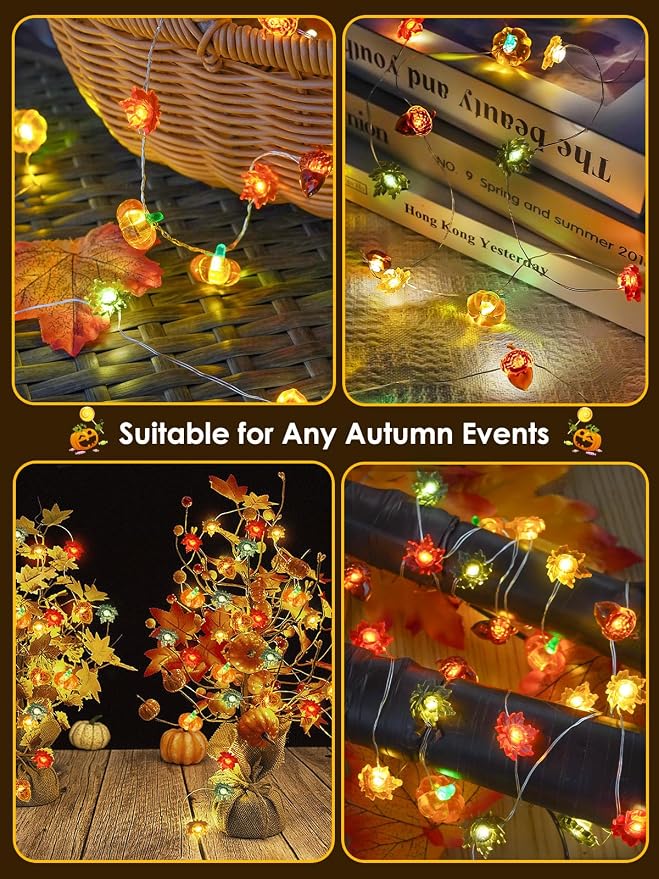Fall Decor 3D Pumpkin Acorn Maple Leaf Fairy Lights Battery Operated Remote | 10FT 30 LED, 8 Modes & Timer, IP44 Waterproof Twinkle String Lights for Indoor Outdoor Harvest Thanksgiving Halloween Decor