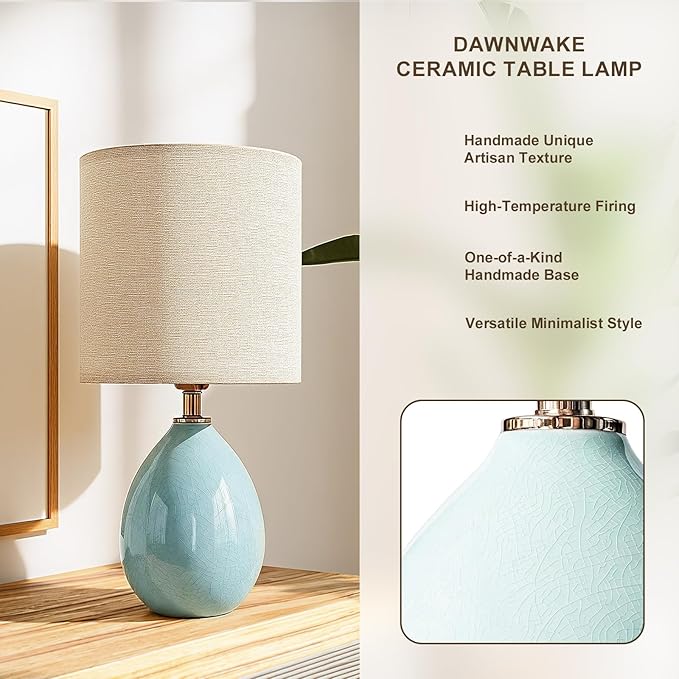 18.5" Table Lamp Set of 2 for Living Room Bedroom, Bedside Lamps for Night Stands, Desk Nightstand Lamp Dimmable, Modern Linen Cream Ceramic Lamps (Blue)