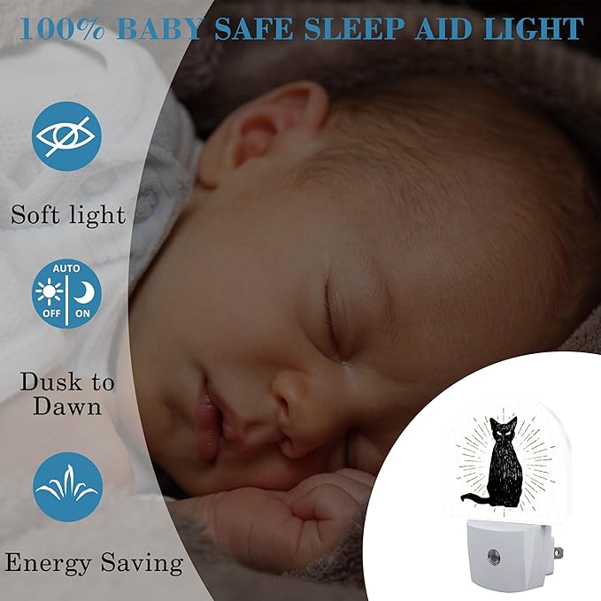 Hand Drawn Black Cat Night Light Plug into Wall with Dusk to Dawn Sensor Cute Nightlight for Kid Girls Boys Women Men Room Decor, Hallway, Kitchen, Bathroom, Nursery, Stairs