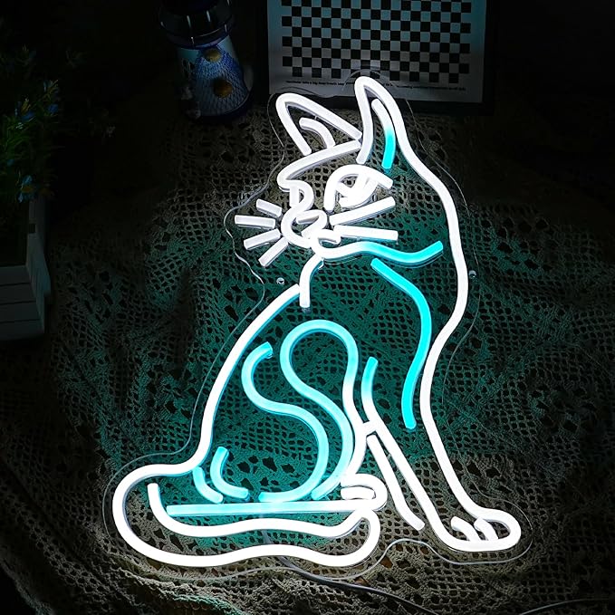 Dimmable Cat Neon Sign White Ice Blue Cat Neon Light Led Cat Light Up Sign for Wall Decor USB Powered Neon Light Cat Sign for Pet Shop Bedroom Cat Cafe Art Room Cat Lover Gift(16.5"*13"）