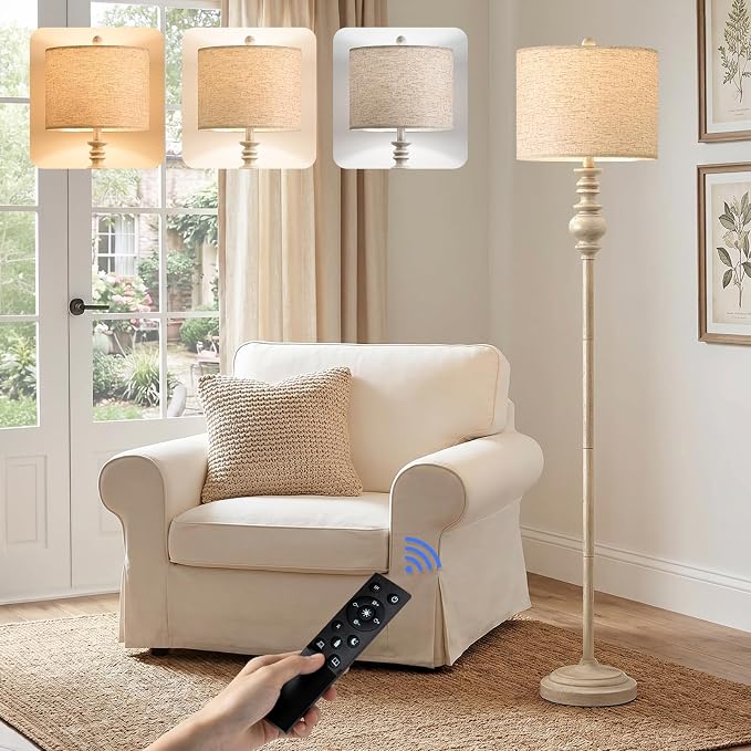 BOBOMOMO 64.25" Farmhouse Floor Lamp with Remote, Dimmable Floor Lamp with Adjustable Color Temperatures, Tall White Standing Floor Lamps for Living Room Corner, Bedroom & Nursery, 9W Bulb Included