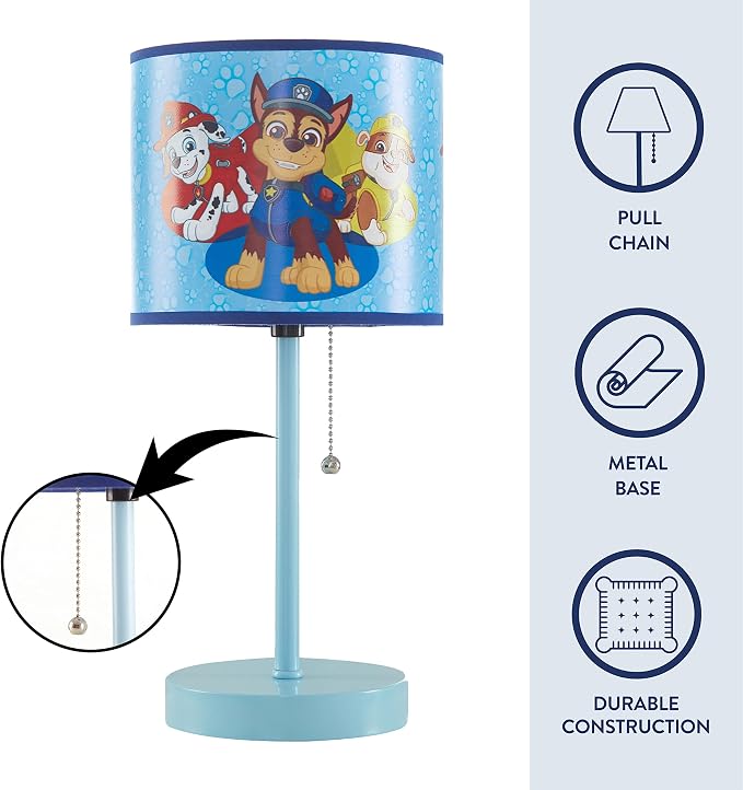 Nickelodeon Paw Patrol Kids Table Lamp with Pull Chain, Stick Lamp Featuring Chase, Rubble & Marshall, Decorative Printed Shade for Bedroom, Playroom or Nursery Lighting