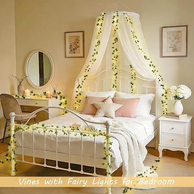JMEXSUSS 33Ft Vines with Lights Battery Operated, 100 LED Ivy Vines with Fairy Lights Leaf with Remote for Bedroom Wall Classroom Dorm Wedding Birthday Party Decor(Warm White)