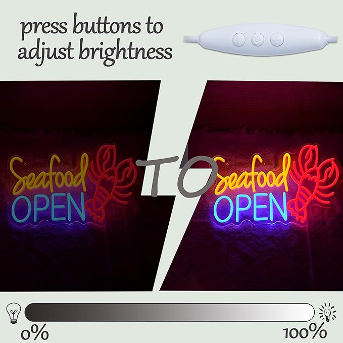 Seafood Open Neon Sign for Business Decor Delicious Lobster Led Neon Light Dimmable Fish Food Light Up Sign for Seafood Restaurant Shop Night Market Fish Market Oyster Bars