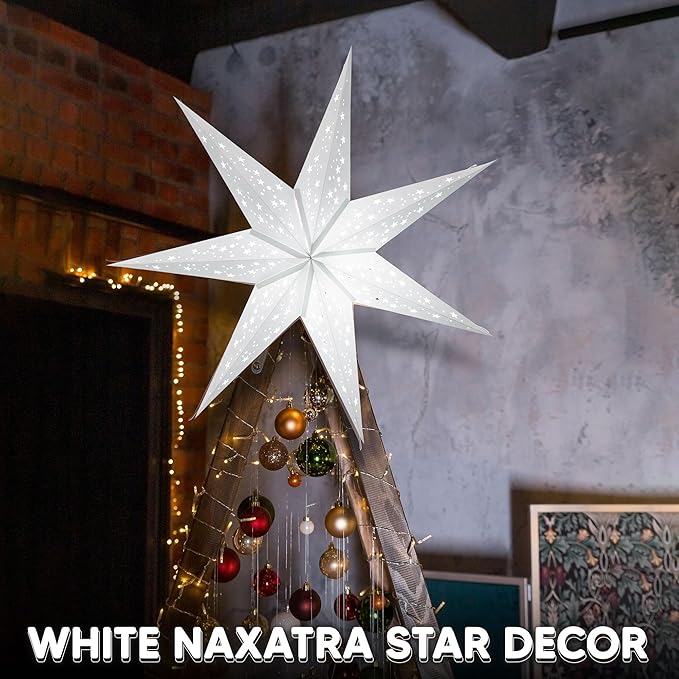 GalaxyArts Paper Star Lanterns, 24 Inch Naxatra (White Medium) Light Up Hollow Out 7 Pointed Star Hanging Lamp Decoration for Wedding Holiday Birthday Party Christmas Celebration Indoor Outdoor Décor