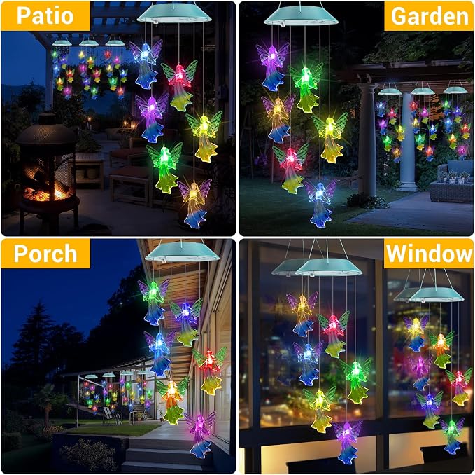 Toodour Solar Wind Chimes, Color Changing Angel Wind Chimes | LED Decorative Mobile, Gifts for Mom Grandma, Waterproof Outdoor Decorative Lights for Garden Patio Yard Window Outdoor Decor