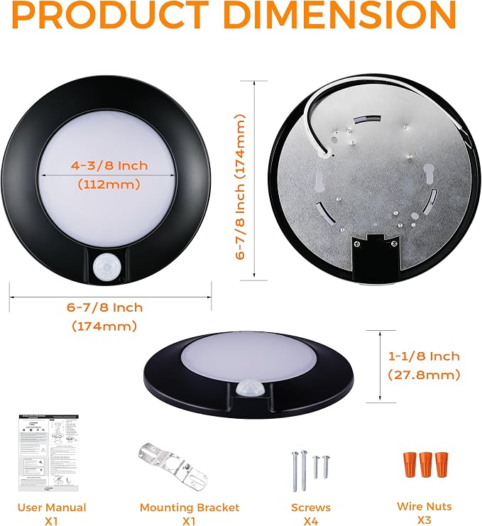 [2 Pack] CLOUDY BAY Motion Sensor Ceiling Light Indoor,120V CRI90 10W 5000K Bright Day Light,6.5 inch LED Flush Mount Ceiling Lighting Fixture for Garage,Walk-in Closet,Attic,Pantry Wet Location,Black