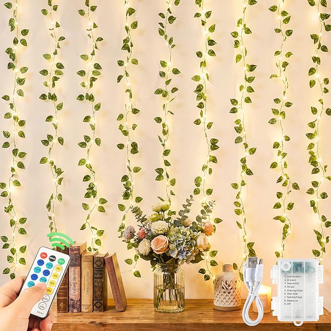 YOUNGAR Pothos Vines with Fairy Lights,Battery/USB Operated Leaf String Warm White Lights,23FT 73LED vine lights with Remote for Bedroom Garland Wedding Birthday Garden Party Wall Room Headboard Decor