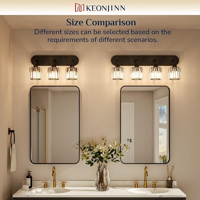 Keonjinn 6-Light Black Crystal Bathroom Light Fixtures Over Mirror | Vanity Lighting Fixture with Crystal Square Shades, Dimmable, Modern Style, Compatible with E26 Base LED Bulbs (Exclude Bulb)