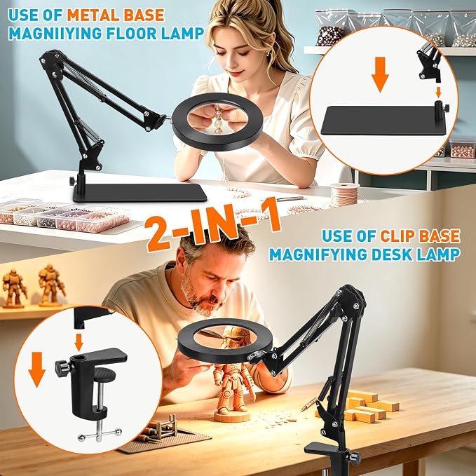 KIRKAS 12X Magnifying Glass with Light and Stand, 2-in-1 Real Glass Lens | Magnifying Desk Lamp with Clamp, 3 Color Modes Stepless Dimmable Magnifier Light for Repair, Reading, Craft, Sewing - Black