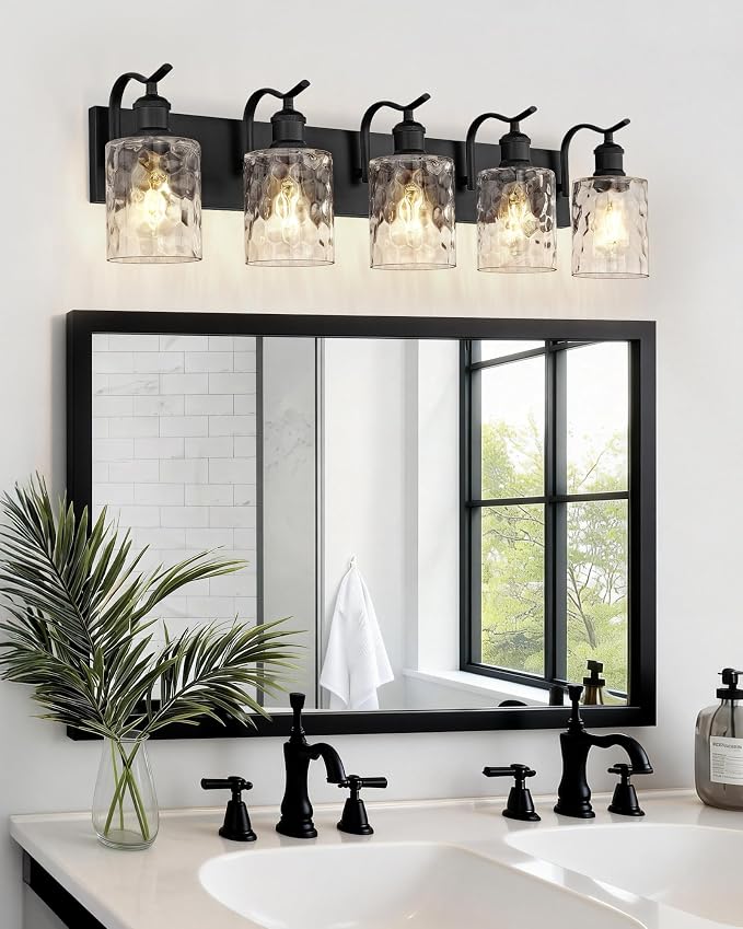 5-Light 34 Inch Bathroom Vanity Light,Hammered Glass,Black | Over Mirror Wall Light,E26 sockets,for bathroom mirror,powder room,dressing area,wall-mounted vanity lighting