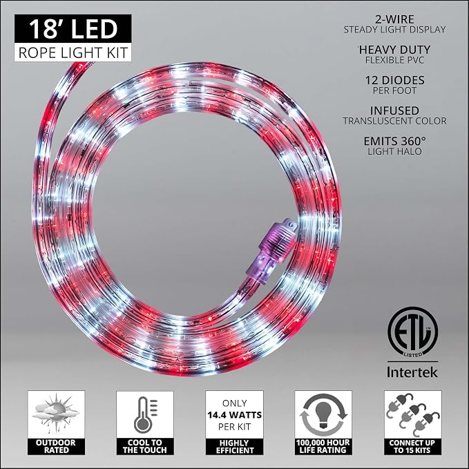 Wintergreen Lighting 18' Red and Cool White LED Rope Lighting, Christmas Outdoor Light Décor LED Rope Lights -120V, ½ Inch, 2-Wire