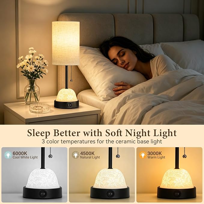 Table Lamp for Bedroom, Dual Light Nightstand Lamp with Fabric Shade & Ceramic Carved Night Light Base, Individual Controls Bedside Lamp for Living Room, 8W LED Bulb Included